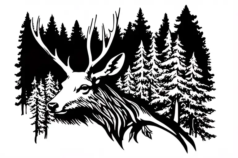 deer head with trees and hoof prints slowly fading tattoo design idea