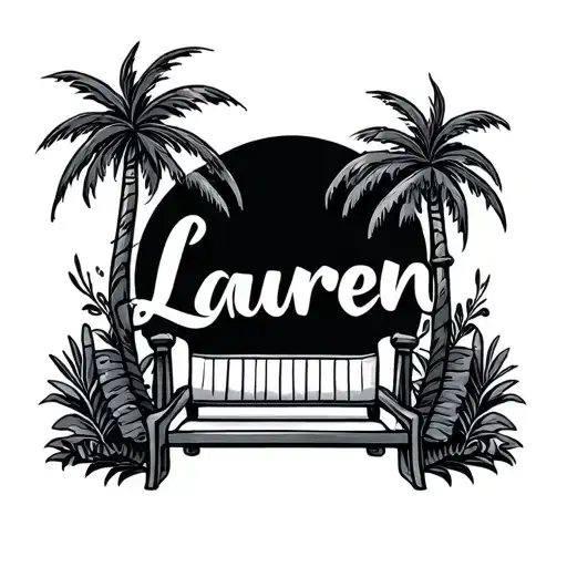 Lauren's name written with a swing and palm trees tattoo design idea