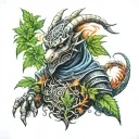 hooded dragon warrior with weed leaf intertwined tattoo design idea