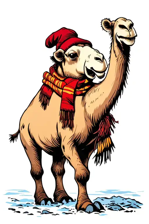 A camel living in the Arctic with a red hat and scarf tattoo design idea