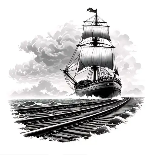 line work tattoo 1800 traintracks morphing into a stormy ocean with a single masted 1970s sail boat tattoo design idea