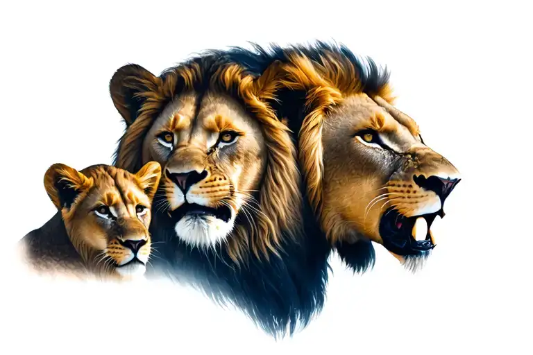 Lion roaring with a lioness and 2 cubs face only tattoo design idea