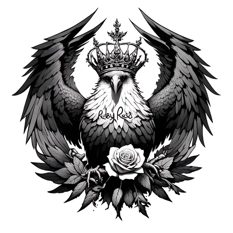 rising from ashes pheonix with crowns and rose in middle pheinix body with Ruby Rose signature in crown tattoo design idea