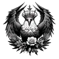 rising from ashes pheonix with crowns and rose in middle pheinix body with Ruby Rose signature in crown tattoo design idea