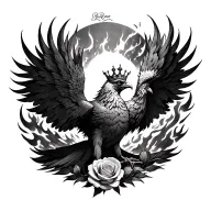 rising from ashes pheonix with crowns and rose in middle pheinix body with Ruby Rose signature in crown tattoo design idea