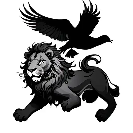 Japanese style lion and dove flying tattoo design idea