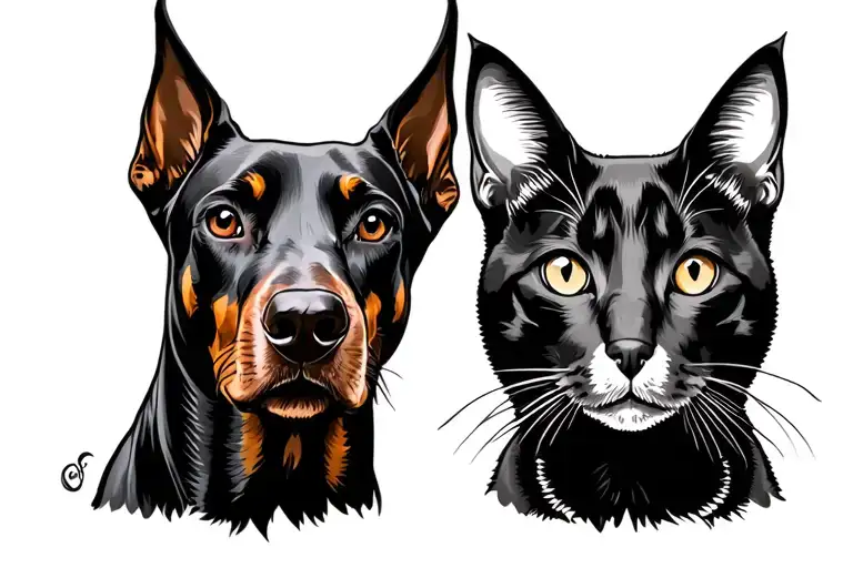 fine line art doberman dog head with cropped ears silhouette and cat silhouette next to each other tattoo design idea