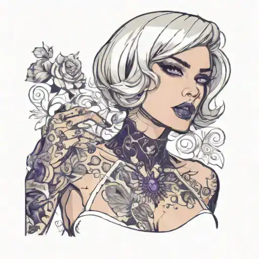 Sexy Petite Girl white short bob hairstyle revealing bra, huge cleavage hands purple eyes, portrait. gothic pin-up  tattoo design idea