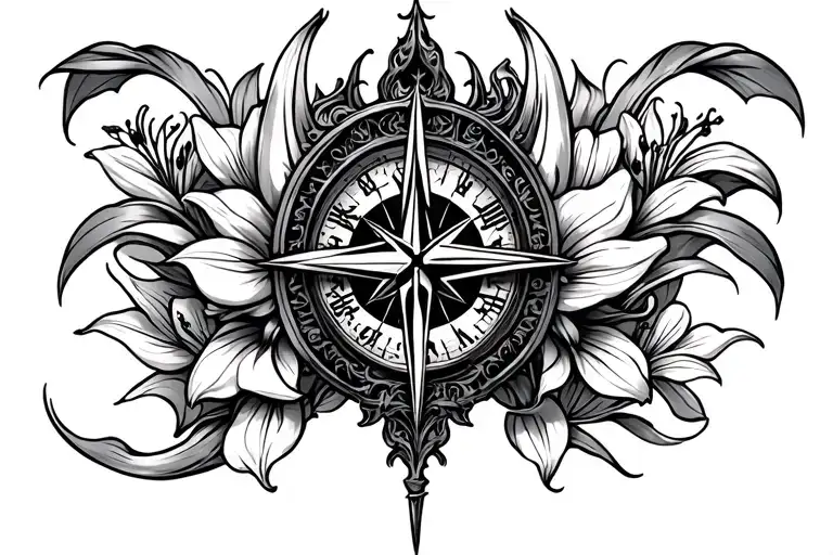 lilies, Japanese oni mask, compass, clock, mythology tattoo tattoo design idea