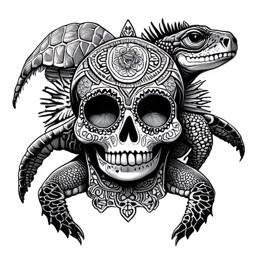 sugar skull and sea turtle and iguana and mayan calendar and ruins tattoo design idea