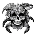 sugar skull and sea turtle and iguana and mayan calendar and ruins tattoo design idea
