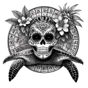 sugar skull and sea turtle and iguana and mayan calendar and ruins tattoo design idea