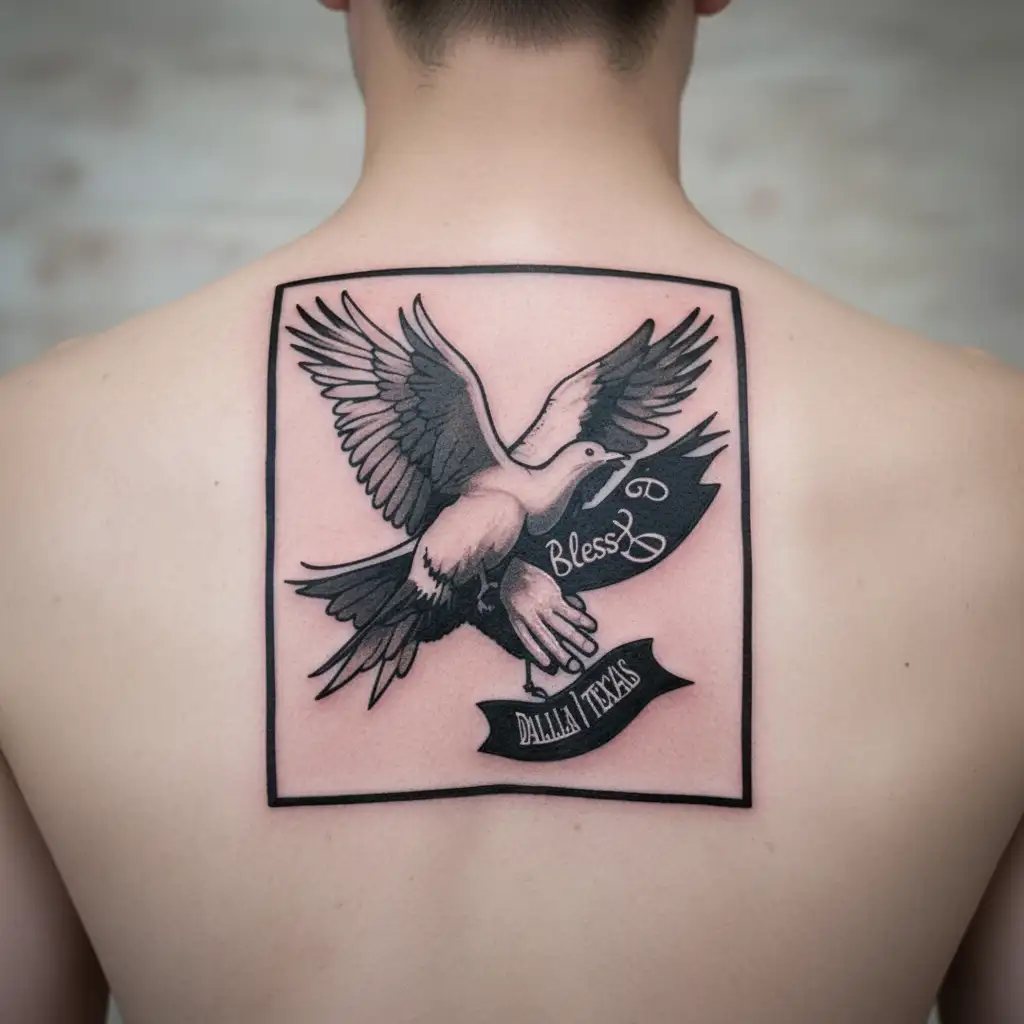 "Blessed" with doves, praying hands and it says "Dallas Texas" and below, it has the date IV.III.MMVII tattoo design idea
