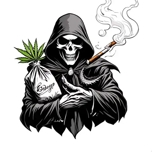 a grim reaper holding a bag of weed with a Draco smoking a blunt tattoo design idea