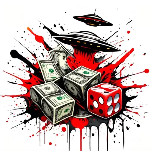 Bet On Me with money and dice and ufo tattoo design idea