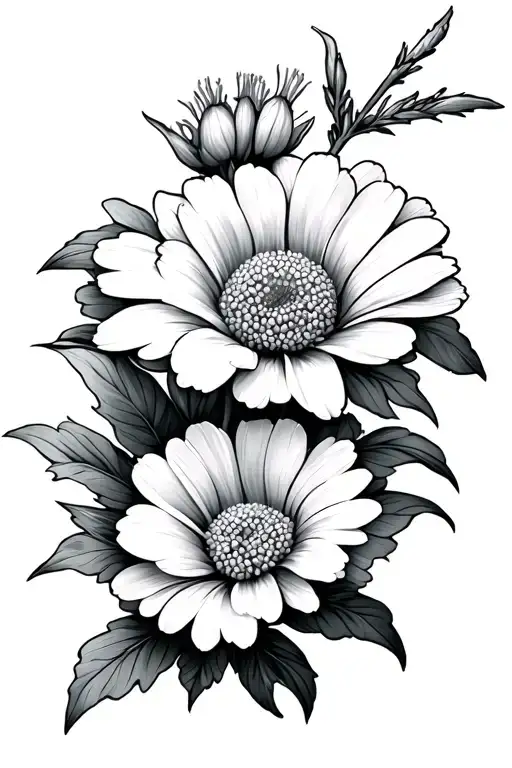Black and white horizontal carnation Daisy Gladiolus Hawthorn tattoo design idea