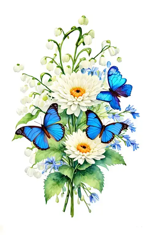 Lily Of The Valley And Chrysanthemum, rose, honeysuckle, larkspur, foxglove, aster, green ribbon, blue/green butterflies tattoo design idea