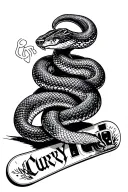 snake wrapped around snowboard incorporating name "curry" tattoo design idea