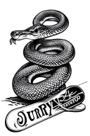 snake wrapped around snowboard incorporating name "curry" tattoo design idea