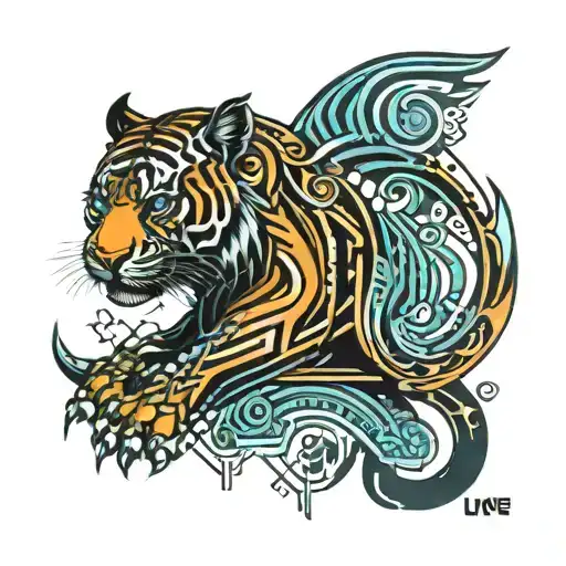 biomechanical Polynesian tiger tattoo calf colored tattoo design idea
