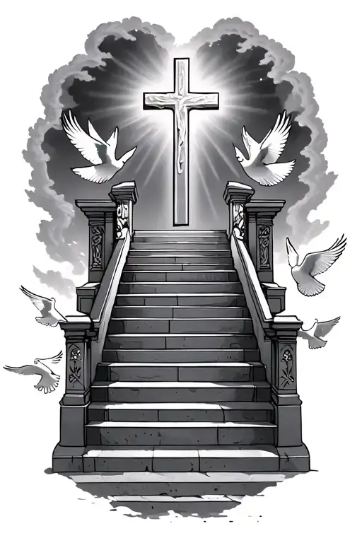 cross at the top of the clean stairs of heaven gates doves flying and lights tattoo design idea