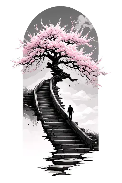 cherry blossom tree with a man walking up broken stair case tattoo design idea