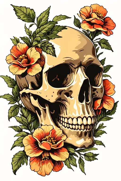 skull in weeds with Cherokee rose intertwined tattoo design idea