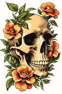 skull in weeds with Cherokee rose intertwined tattoo design idea
