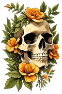 skull in weeds with Cherokee rose intertwined tattoo design idea