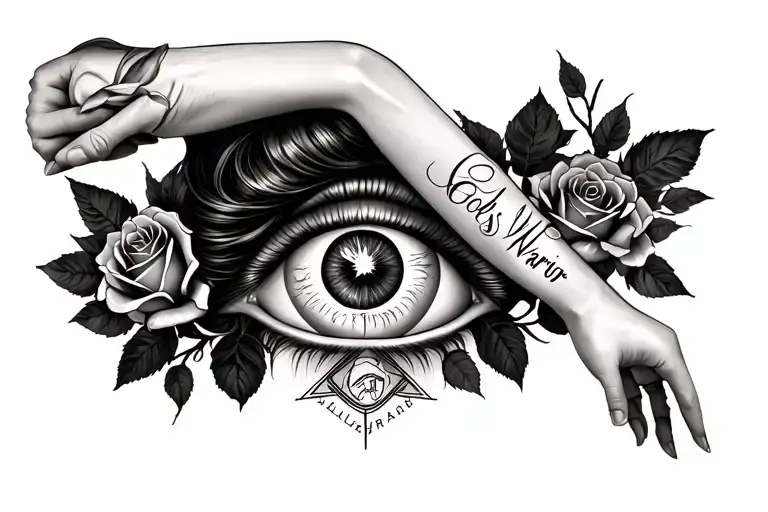 "Gods Warrior" full arm sleeve with a beautiful female face with roses and a Illuminati eye underneath  tattoo design idea