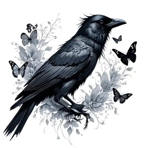 black crow wings spread with intricate butterflies stomach tattoo female tattoo design idea
