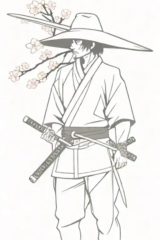 samurai leaning on a sakura tree, a big hat on head, two katanas in belt, a cigarette on mouth tattoo design idea