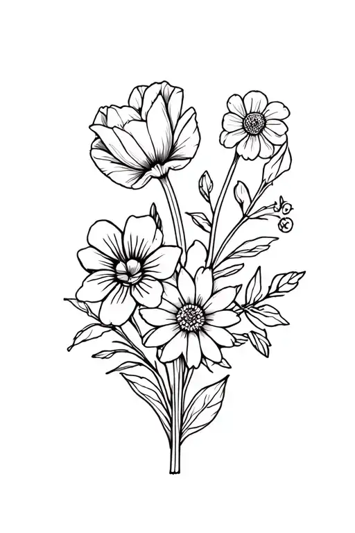 fine line bouquet of flowers with one tulip, one african violet, one edelweiss, and an olive branch. no color tattoo design idea