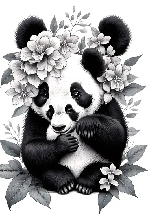 panda with baby panda leaves flowers intertwined tattoo design idea