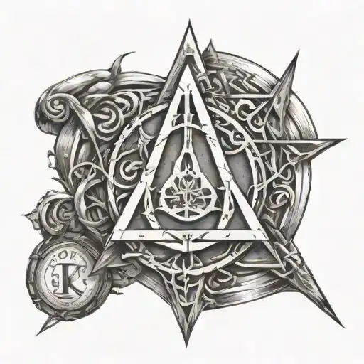 JRR tolkien's initials surrounded by the deathly hallows symbol, the warhammer 40k logo, the dresden files amulet tattoo design idea