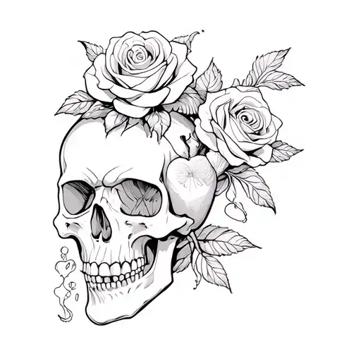skull with roses with broken heart with shrooms with Nhc Rolling in background in garfitti smokey letters  tattoo design idea