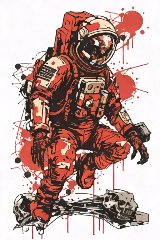 a dead astronaut with a Skeleton face floating endlessly into space alone tattoo design idea