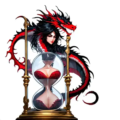 dragon, colored red black grey, wraps hourglass, topless demon woman with black hair trapped inside hourglass tattoo design idea
