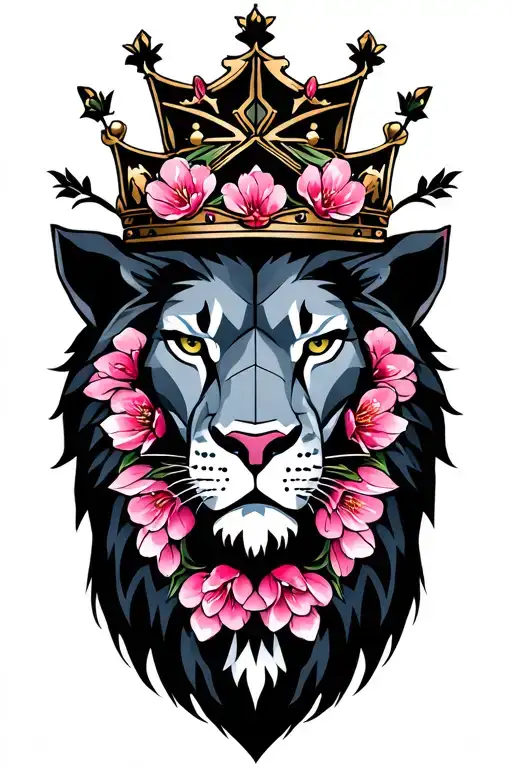 CROWNED LION HEAD WITH CHERRY BLOSSOM tattoo design idea