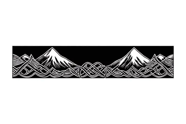 Celtic knot frame, mountains, crashing waves tattoo design idea