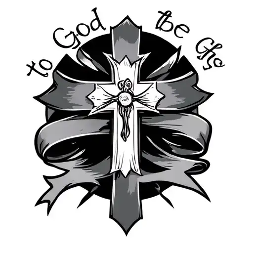 cross with ribon around it that says "to God be the Glory simple black tattoo design idea