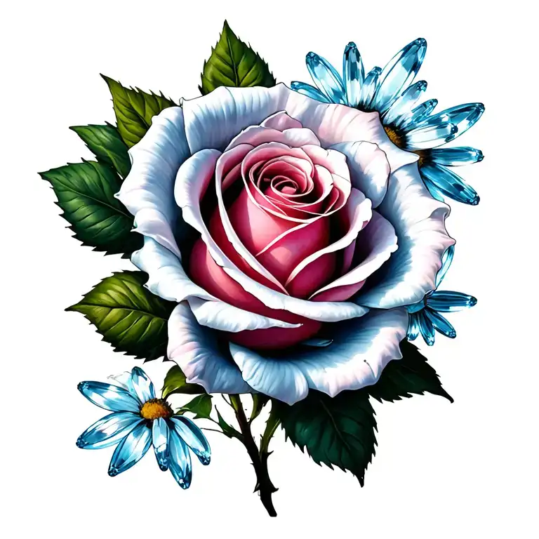 rose, cosmo, daisy, aquamarine in middle tattoo design idea