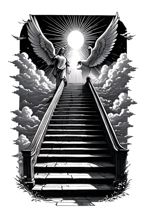 stairway to heaven walking up stairs angels sun rays clouds heaven gate at the top of the stairs  tattoo design idea