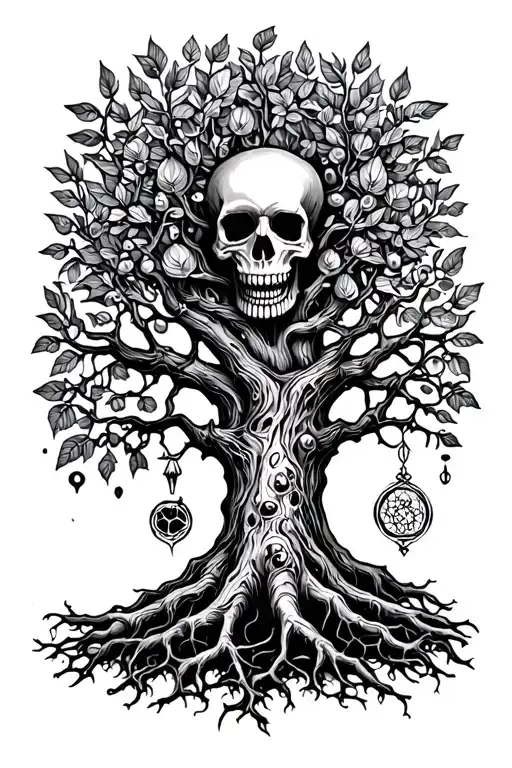 a tree of life with death rebirth and transformation with a skull and elements on the trunk with leaves and roots normal tattoo design idea