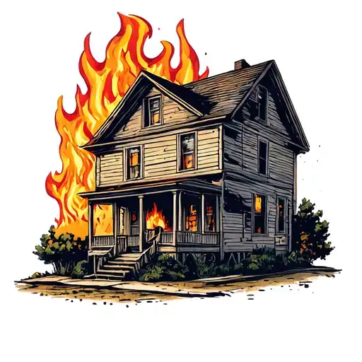 house burning down tattoo design idea