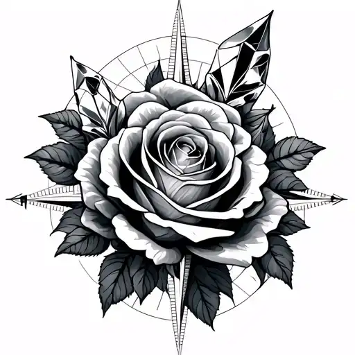 quartz crystal roses compass tattoo design idea