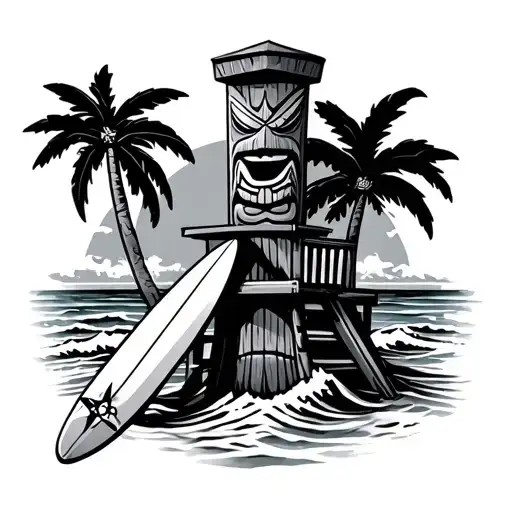 tiki statue surfing ocean waves nautical compass sand lifeguard station sun palm trees tattoo design idea