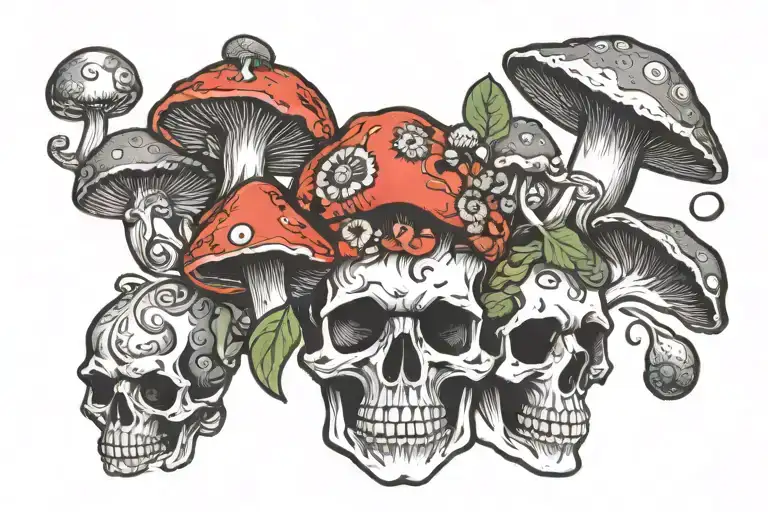 psychedelic head skull and mushroom growing tattoo design idea