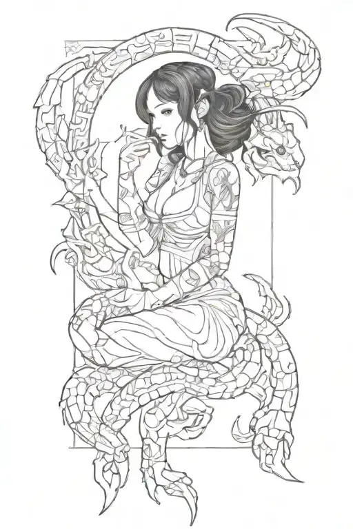 Book, girl 30 years old with black hair, animal scorpion tattoo design idea