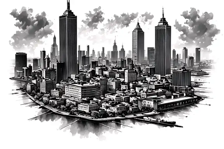 burning city view tattoo design idea